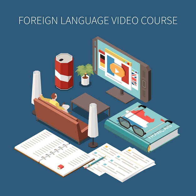 Free vector isometric foreign language video course composition with 3d images of smartphone notebook textbook and human character at home 3d vector illustration