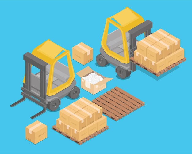 Isometric forklift for raising and transporting goods., storage racks.,pallets with goods for infographics, 3d illustration