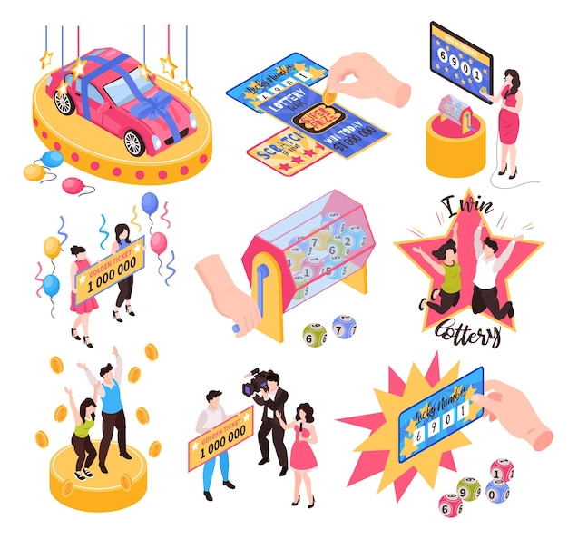 Free vector isometric fortune lottery win set with isolated icons of prize tickets lucky dip and winner characters vector illustration