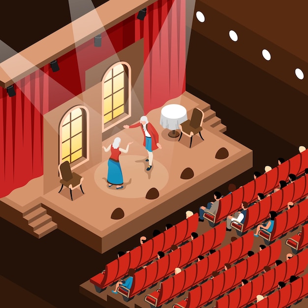 배우들이 무대에서 연주하고 관람자 벡터 삽화가 있는 극장 강당의 아이소메트릭 조각