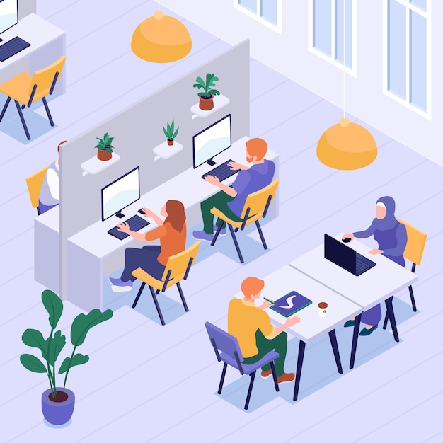 Free vector isometric freelancer coworking composition with indoor view of open space with people at desks with laptops vector illustration