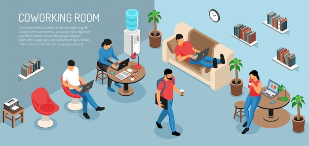 Isometric freelancer horizontal composition with editable text and domestic room interior with young people at work