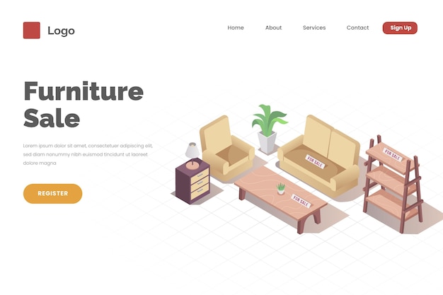 Free vector isometric furniture sale landing page template