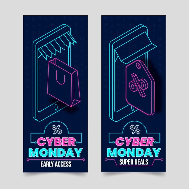 Set di banner verticali isometrici futuristici cyber lunedì