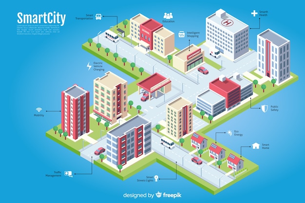 Isometric futuristic night city background