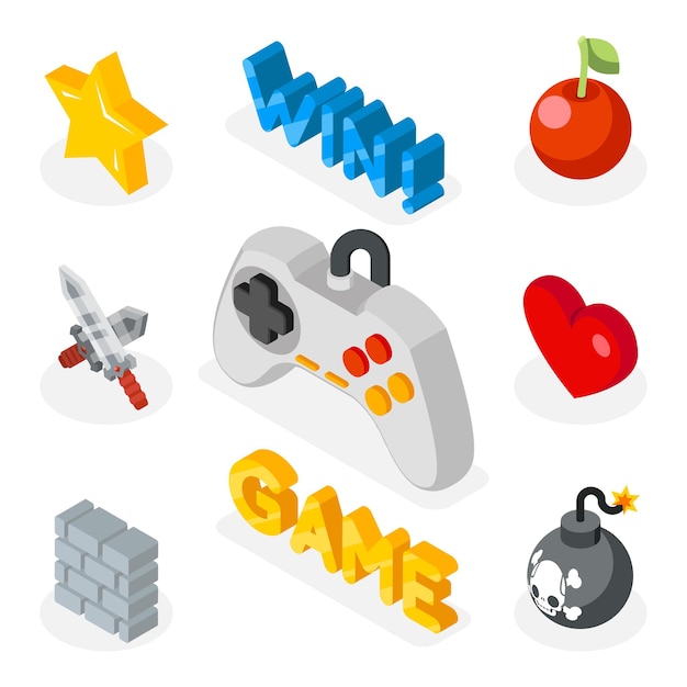 Isometric game icons. 3D flat icons with games symbols.