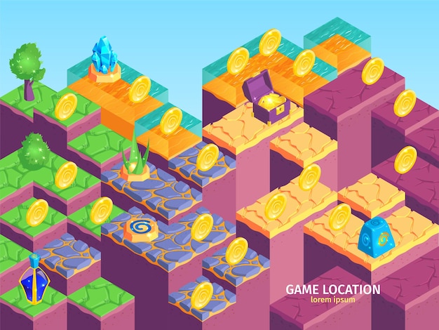 Изометрическая игровая ландшафтная композиция из квадратных платформ с разной поверхностью и сокровищами