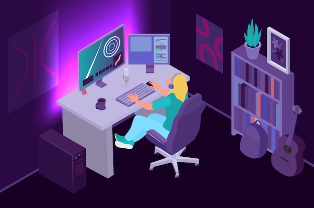 Free vector isometric gamers composition with indoor view of living room with neon lighting and gamer at computer vector illustration