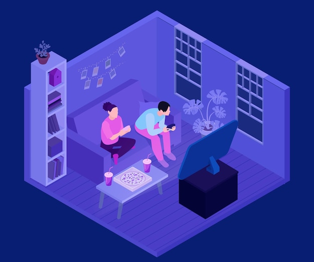 Free vector isometric gamers composition with isolated view of living room with couple playing video games on sofa vector illustration