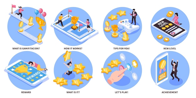 Free vector isometric gamification set of isolated circle compositions with text captions and icons of people getting reward vector illustration