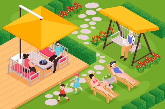 Free vector isometric garden furniture composition with outdoor backyard scenery and people of different age having good time