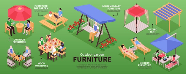 Isometric garden furniture infographics with editable text captions arrows and images of wooden lounge and tents