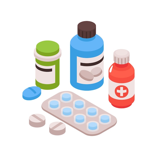 Isometric gastroenterology composition with view of medication with tubes and pills illustration