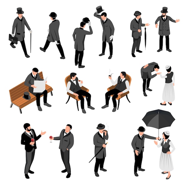 Isometric gentleman set with isolated vintage icons and human characters of old fashioned men and women vector illustration