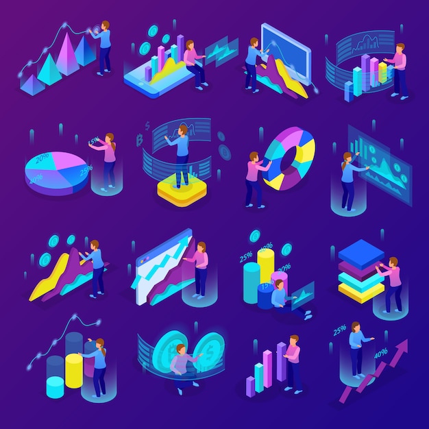 Free vector isometric glowing business analytics icons set with people making various graphs and diagrams 3d isolated vector illustration