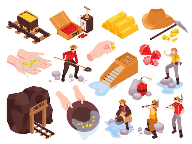 Free vector isometric gold mining rush set with isolated mine images gold bars explosives and characters of miners vector illustration