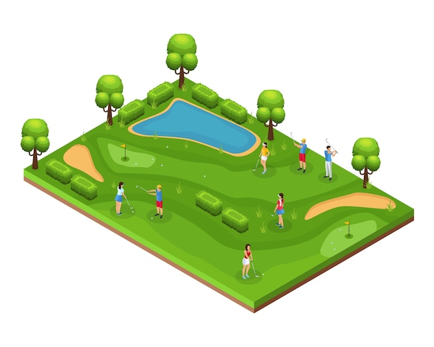 フィールドフラグの穴緑の芝生の木と池で遊んでゴルファーと等尺性ゴルフコースのコンセプト