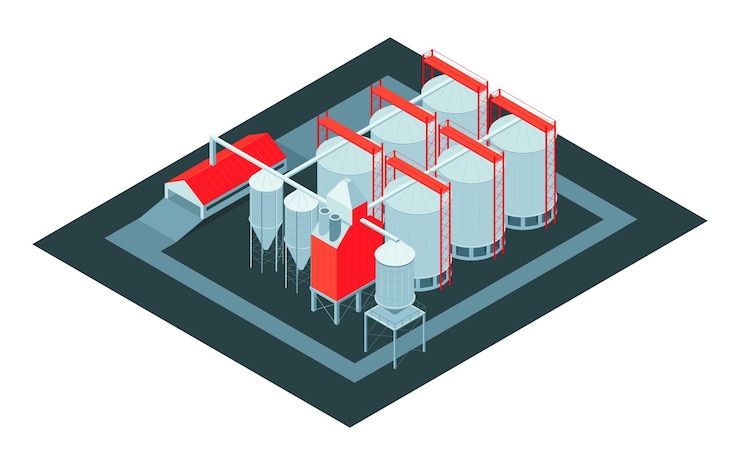 Free Vector isometric grain elevator composition with isolated view of stipping auger system with silos on blank background vector illustration