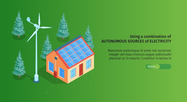 Isometric green energy horizontal banner with slider button editable text and image of smart house in forest