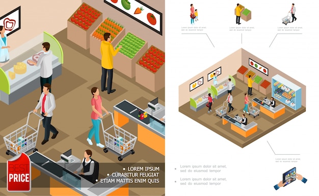 Isometric grocery shopping composition with cashiers customers pushing carts and buying different products