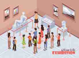 Free vector isometric guide excursion museum  composition with text and indoor view of history museum with people