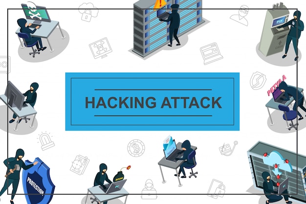 Vettore gratuito composizione di attività di hacker isometrica con l'hacking di icone di sicurezza di internet atm e data center server di posta elettronica