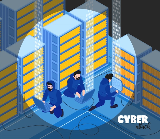 Free vector isometric hacker composition  with text and view of hackers group human characters with server racks vector illustration