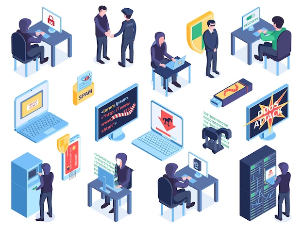 Free vector isometric hacker set of isolated icons and images of computer screens pictograms and characters of cybercriminals vector illustration