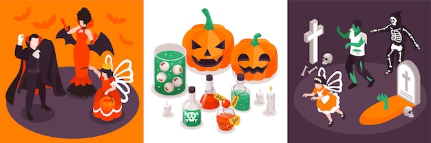 Isometric halloween party square compositions of funky characters in costumes with potions pumpkins