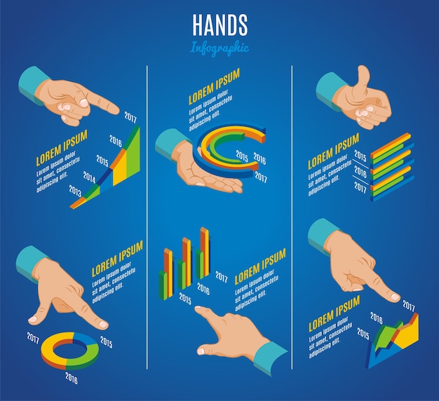 무료 벡터 터치 제스처 및 비즈니스 다이어그램 그래프 차트를 보여주는 보류 표시와 아이소 메트릭 손 인포 그래픽 개념
