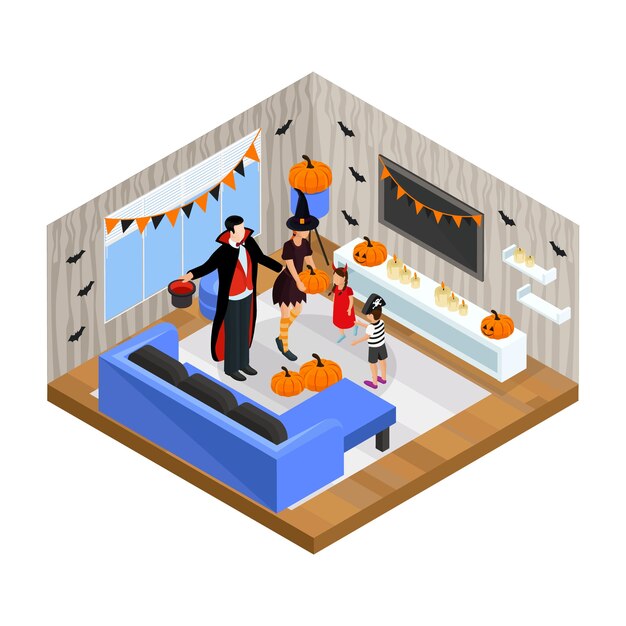 Изометрическая концепция празднования Happy Halloween с семьей в праздничных костюмах празднует праздник дома изолированно