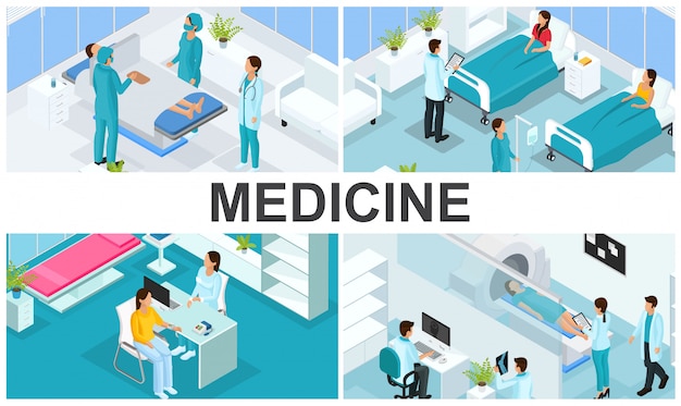 Free vector isometric healthcare colorful composition with doctors visit patient in hospital ward surgery medical consultation magnetic resonance tomography