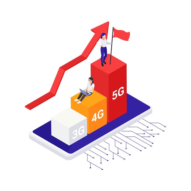 カラフルな3d要素ベクトル図と等尺性高速5gインターネット技術の概念