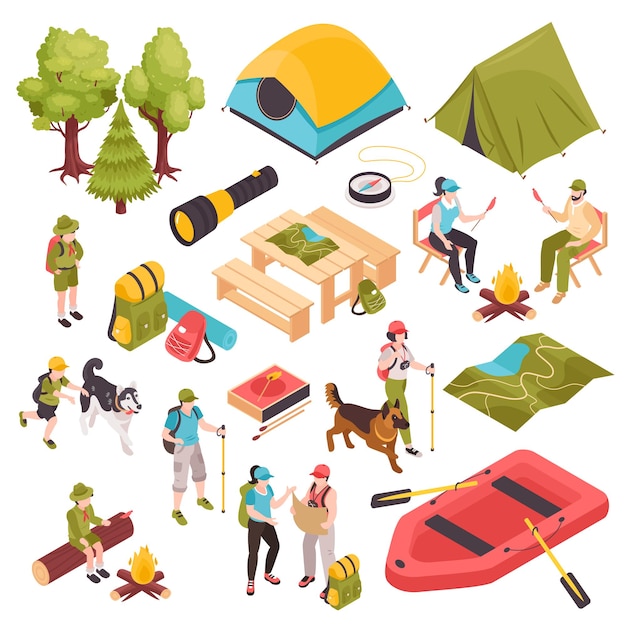 Isometric hiking and camping set with isolated human characters\
icons of discovery equipment tents and boat vector\
illustration