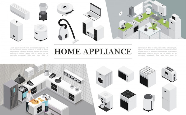 Free vector isometric home appliances composition with father and son cooking pizza on kitchen and different modern domestic appliances and devices