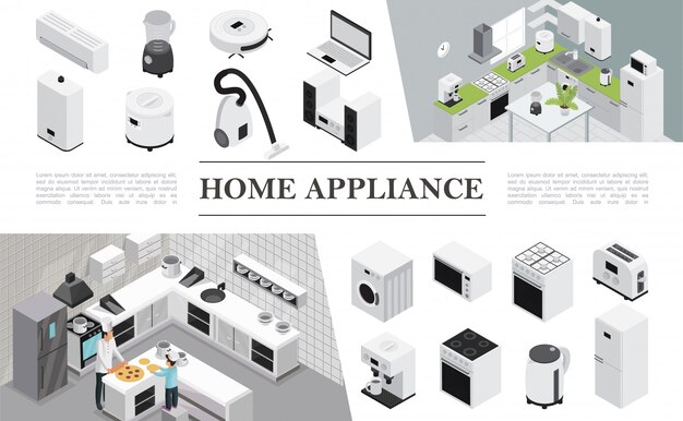 父と息子が台所でピザを調理し、さまざまな現代の家庭用電化製品とデバイスと等尺性の家電組成