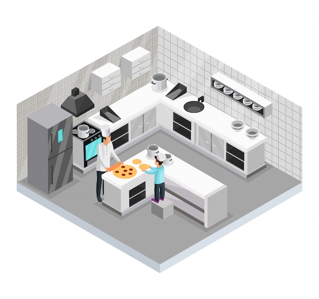 Isometric home cooking template of father preparing pizza with his son in kitchen isolated 
