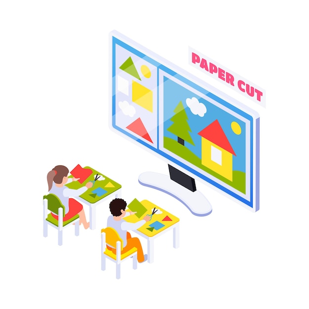 Isometric home education composition with kids having handicraft online lesson on computer