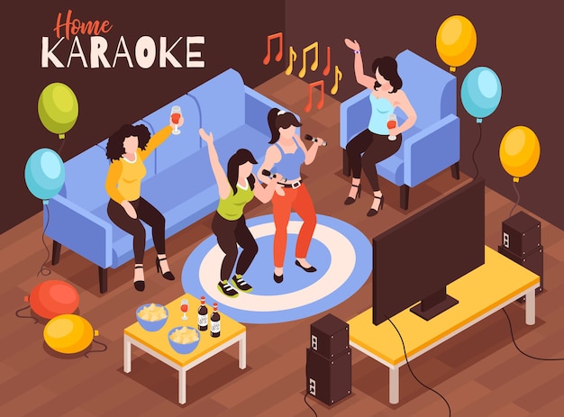 Illustrazione isometrica di karaoke domestico