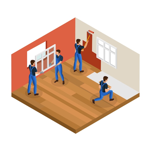 Isometric home renovation concept with professional workers installing window painting wall and repair floor in room isolated