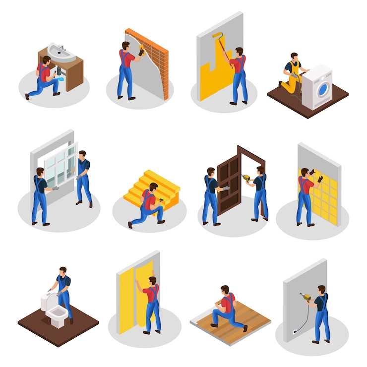 Free Vector isometric home repair set with different professional workers and house renovation and improvement procedures isolated