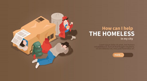 Изометрические бездомных горизонтальный баннер с видом людей среди картонных коробок и отходов с текстом векторные иллюстрации