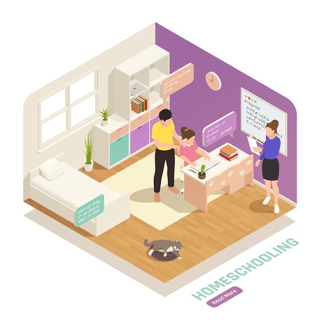 Isometric homeschooling composition with girl studying online at home