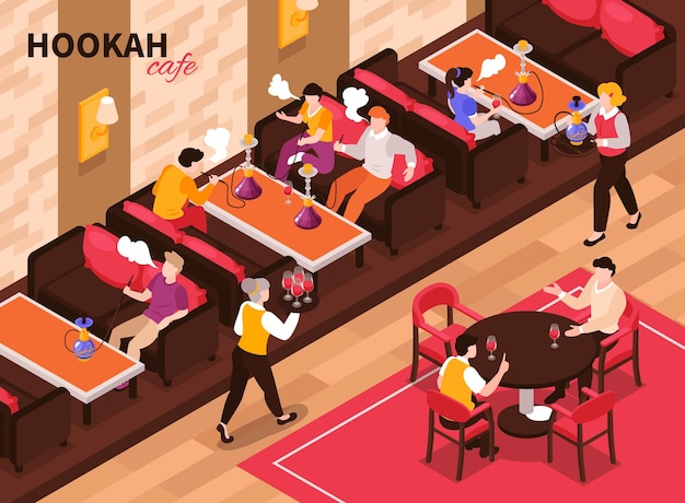 Free vector isometric hookah cafe composition with text and indoor view of tobacco restaurant with sitting smoking people