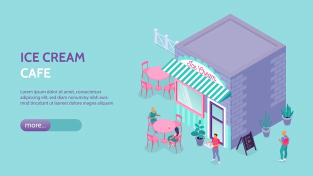 Isometric horizontal banner with ice cream cafe building outdoor seating and customers