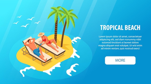 Free vector isometric horizontal blue background web banner with couple relaxing on lounges on tropical beach 3d vector illustration