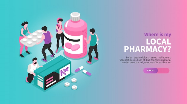 Бесплатное векторное изображение Изометрические горизонтальный аптека баннер с людьми, занимающими пакеты с наркотиками концепции 3d иллюстрации