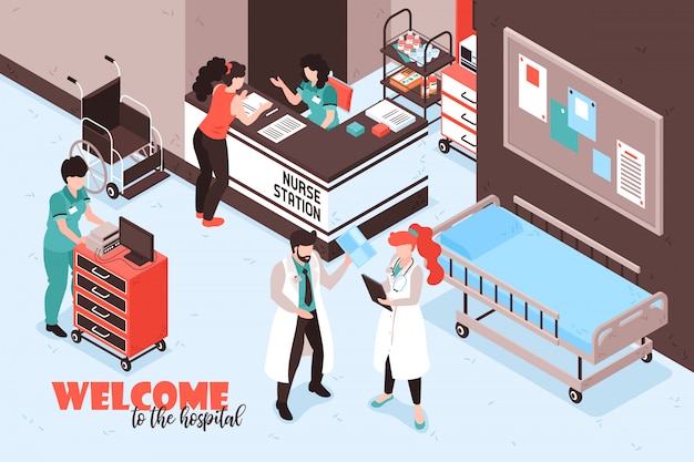 Free vector isometric hospital composition with text and view of nurse station reception desk with people and furniture vector illustration