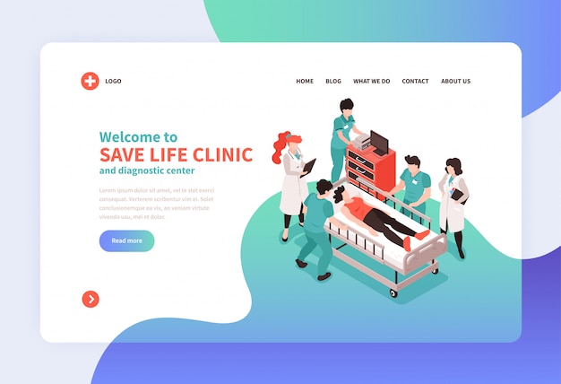 Isometric hospital concept landing page web site page design with images of medical personnel links and text vector illustration