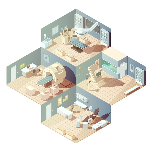 Isometric hospital rooms with various equipment for examination concept on white background vector i
